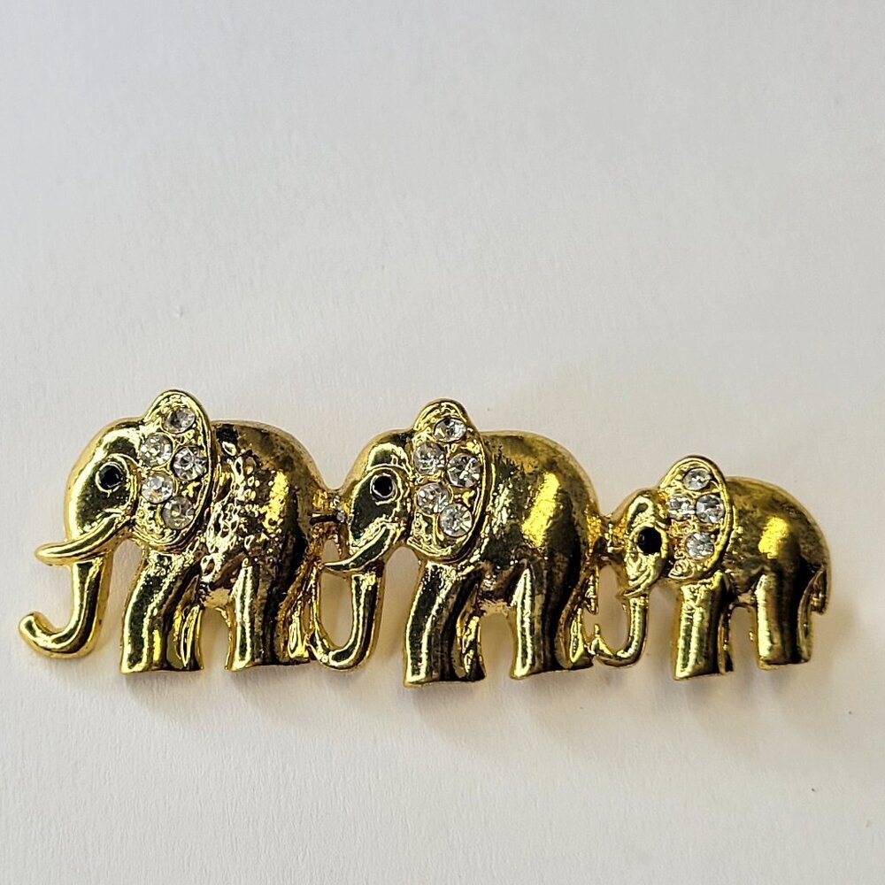 Elephants Brooch Pin Row of Gold tone Elephants Brooch Pin